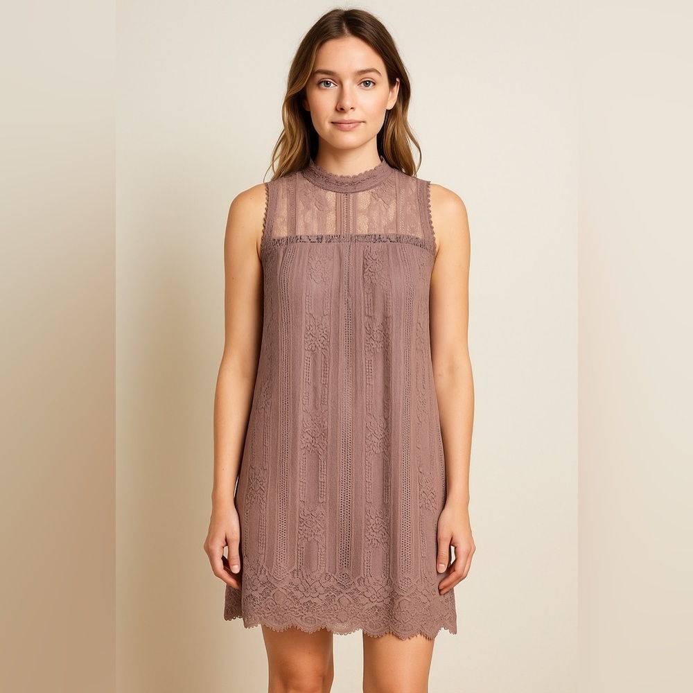 🌸 Miss Chevious Mauve Lace Sleeveless Dress Women’s L Elegant Cocktail